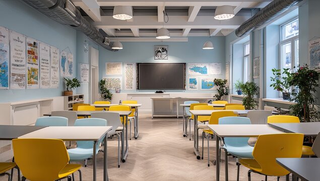 Bright, modern classroom with colorful chairs, maps, and a large interactive screen