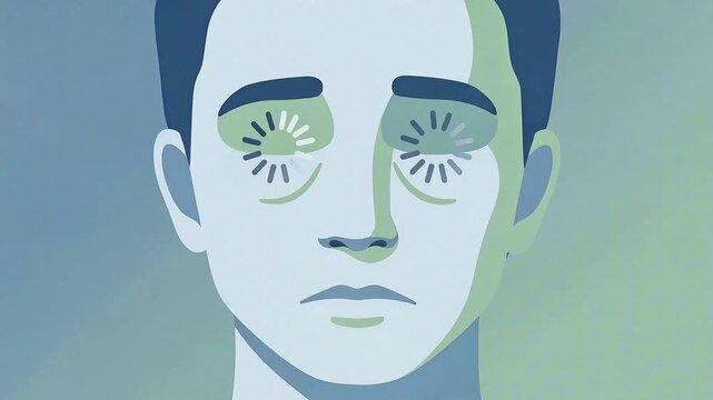 Brain fog concept: tired person with loading eyes, fatigue exhaustion slowdown low energy workday new normal digital overload
