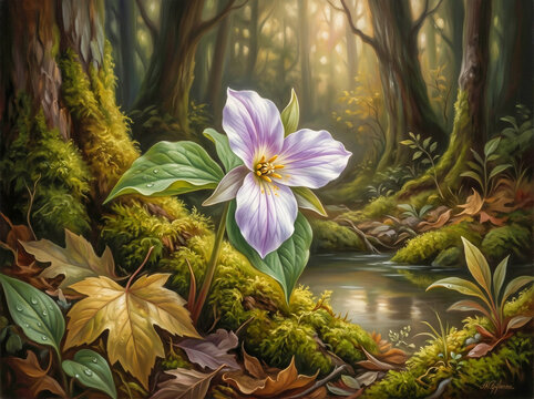 Wildflower by Forest Stream Fine Art Oil Painting