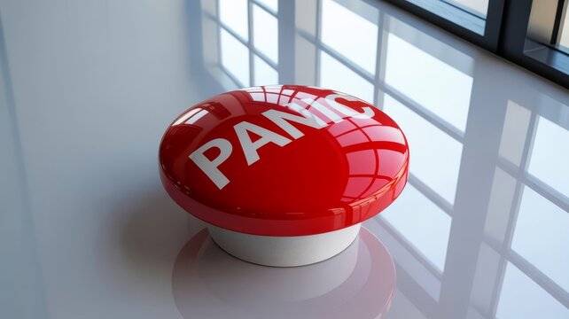 A bright red panic button sits on a shiny surface, reflecting light through large windows, signaling urgency or a call for immediate action.