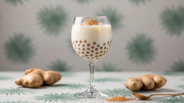 Ginger infused tapioca pearl dessert drink in a glass