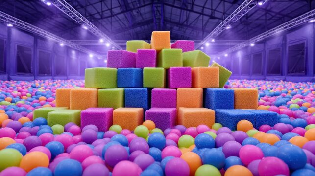 Colorful ball pit with foam blocks in a large indoor play area