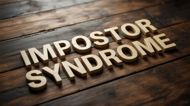 The image features the phrase "IMPOSTOR SYNDROME" in wooden letters on a rustic wooden background, highlighting a psychological concept.