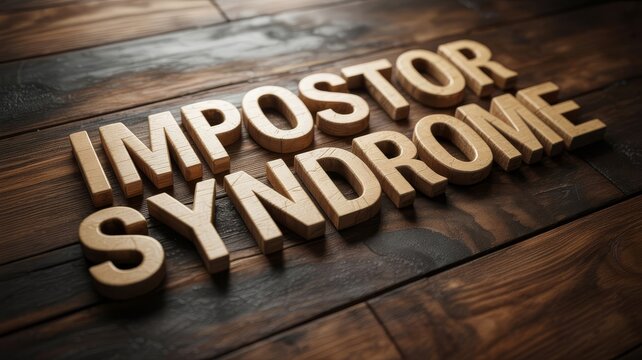 Wooden letters spell "Impostor Syndrome" on a textured wooden surface, highlighting themes of self-doubt and psychological challenges.