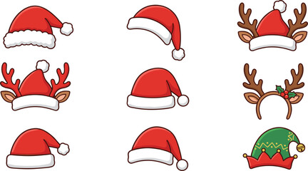 Festive Christmas Hat Collection Featuring Various Santa Claus Caps Reindeer Antlers And Green Elf Hat © Akramul