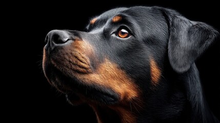 Obraz premium Close-up portrait of a beautiful Rottweiler dog against a stark black background