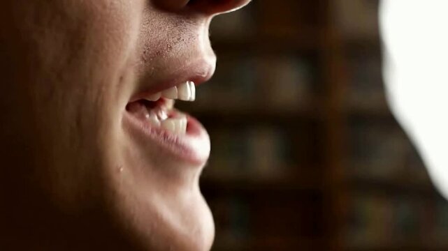 Close up of a man speaking with good dental hygiene in an indoor setting or Side view of person having a conversation showing mouth and teeth