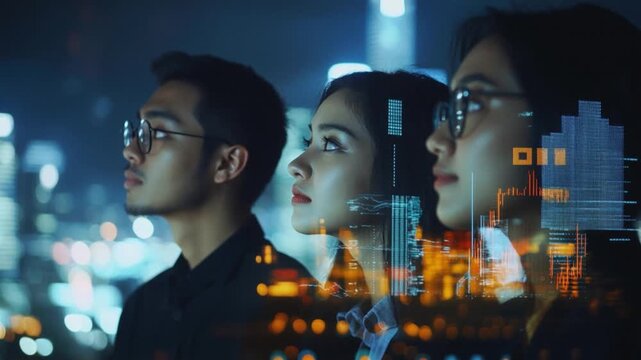 Captivating cityscape at night with three thoughtful individuals showcasing reflections and a vibrant skyline, highlighting urban beauty and emotional depth in modern life.