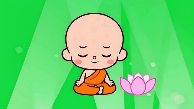 Young Monk Meditating with Lotus Cartoon