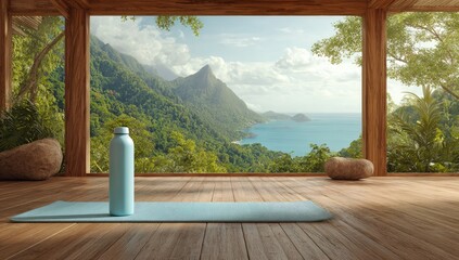 Fototapeta premium Serene open-air retreat with yoga mat, water bottle, ocean, and mountains