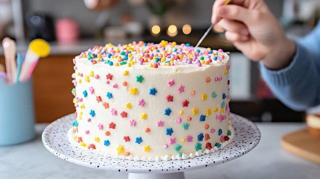 Baker decorating a layered chocolate cake with white cream frosting and colorful sprinkles on a cake stand in a modern kitchen.