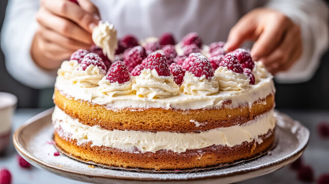 Baker decorating a layered chocolate cake with white cream frosting and colorful sprinkles on a cake stand in a modern kitchen.