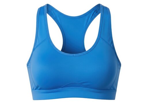 Blue racerback sports bra with supportive band and thin straps