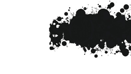 Fototapeta premium Ink splatter creates a complex artistic pattern of black circles and messy drips on a clean white background, providing wide copy space for creative layouts and various graphic design requirements.