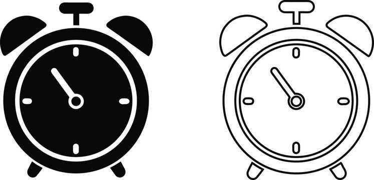 Black silhouette and outline of an alarm clock with hands pointing to 9:05 time wake up morning