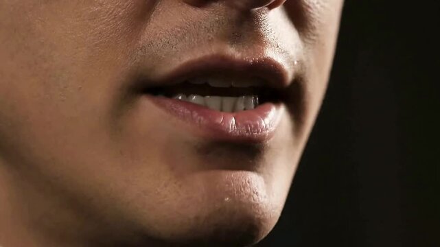 Close up of speaking male mouth or Man talking in dark studio setting