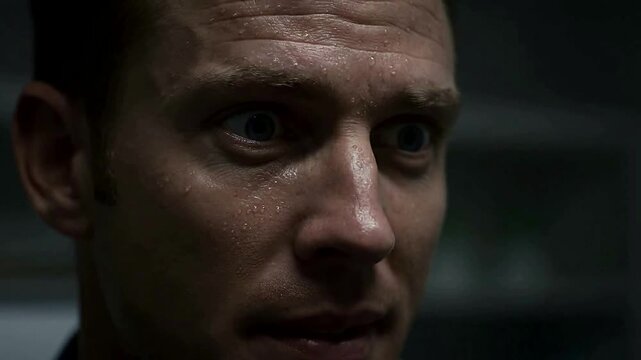 Close up shows sweaty frightened man with wide eyes or Sweaty scared man staring intently with a fearful expression