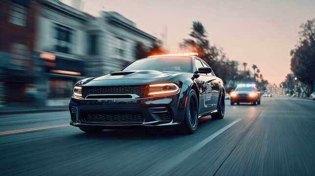 Police cars speeding down a city street with lights flashing at dusk