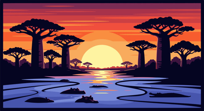 Pixel art savanna at sunset with river, baobab trees, hippos, and a crocodile
