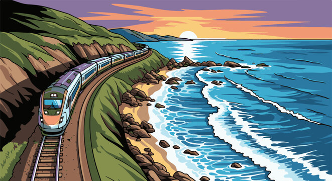 Pixel art train speeds along a coastal track at sunset with ocean waves