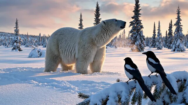 A majestic polar bear walking through a snowy arctic landscape with magpies perched on a frostcovered pine branch in the foreground during a soft sunset