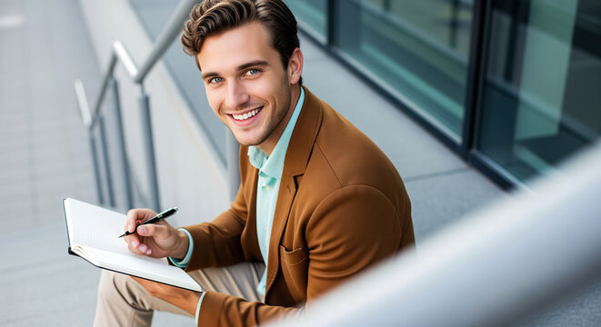 Career coaching ad material with smiling candidate writing notes on office stairs for resume service and interview preparation, mentoring program, job training plus recruitment help and support page