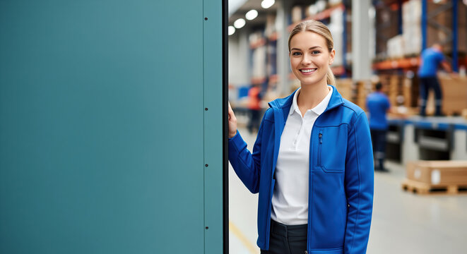 Cheerful warehouse supervisor standing near empty copy space display board inside commercial distribution center, showing team fulfillment operations and parcel cargo wholesale logistics