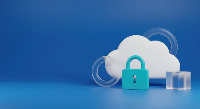 Cloud data reliability scene with cloud lock and padlock for secure backup service, storage protection, access control file encryption and business continuity material with clear space for text