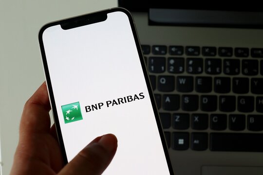 Salvador, Brazil - May 11, 2026: BNP Paribas logo displayed on a smartphone app screen. BNP Paribas is a French multinational bank.