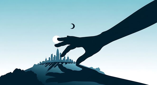 Surreal Silhouette of a Hand Reaching for a Global City Skyline