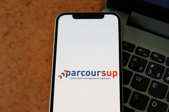 Salvador, Brazil - May 11, 2026: Parcoursup logo displayed on a smartphone screen. French higher education admission concept.