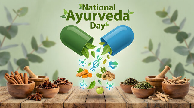 National ayurveda day concept with capsules herbs and wellness elements