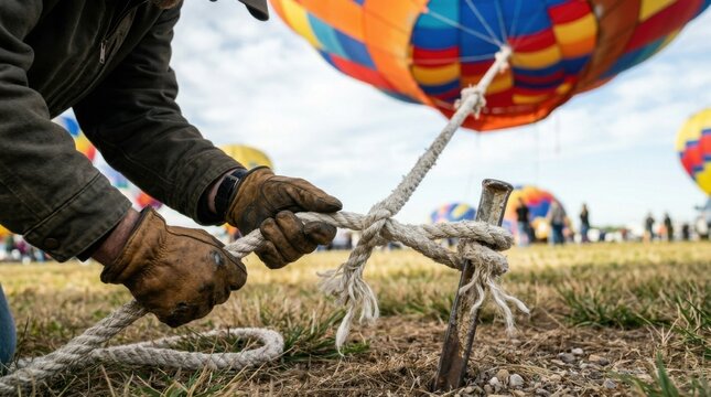 Close Up of Gloved Hands Holding Tether Rope at Balloon Festival