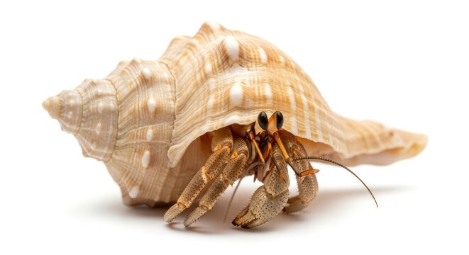 Close-up of a hermit crab in a spiral seashell isolated on white background