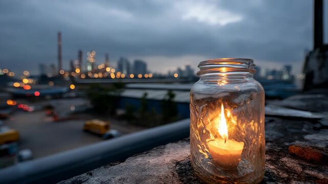 Candle burning in glass jar on city rooftop at dusk