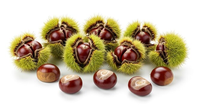 Fresh sweet chestnuts in spiky green burrs and loose polished brown nuts isolated on white background