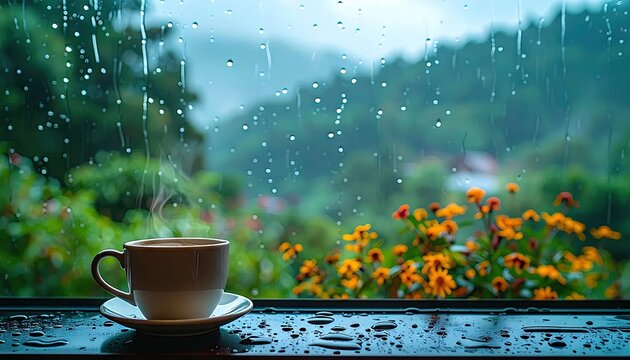 Steaming coffee cup in rainy window view with green trees and flowers