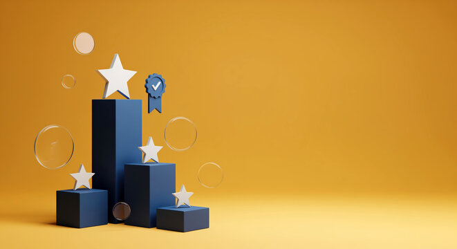 Star rating podium with verified badge shows top score, best choice and winner recognition for review pages, product ranking, service approval, achievement announcement and award shortlist visuals