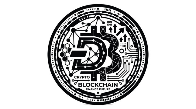 Detailed black and white graphic representation of a digital dash cryptocurrency coin featuring complex geometric circuit patterns and blockchain network nodes for modern financial technology concepts
