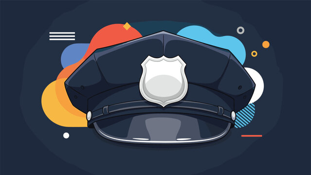 Detailed illustration of a dark blue police officer hat with a silver badge and chin strap against a colorful abstract geometric background.