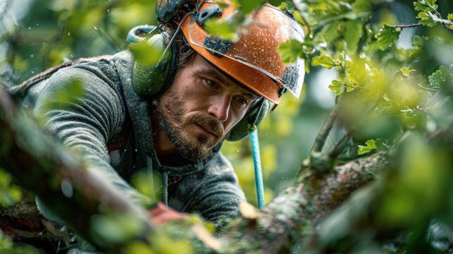 Arborist in safety equipment trimming tree branches from high within the canopy.