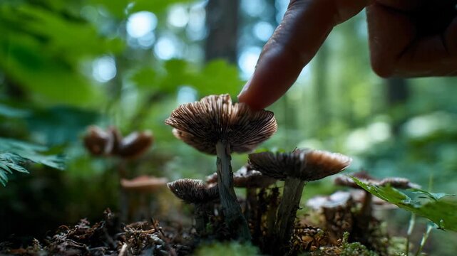 Finger touching a mushroom in the forest