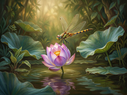 Dragonfly Resting on Pink Lotus in Tranquil Forest Pond