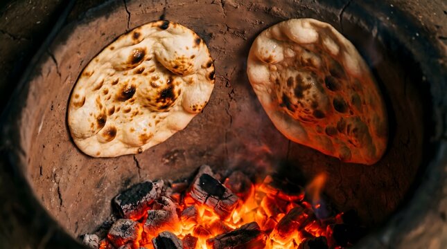 Naan bread baking in a tandoor oven, Traditional flatbread cooking over hot coals, Fresh roti inside a clay oven