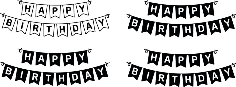 Black and white banner flags with happy birthday message hanging on string