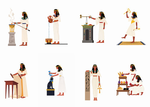 Set of Flat Vector Illustrations Featuring Ancient Egyptian Women Performing Various Ceremonial and Daily Life Activities in Traditional Attire