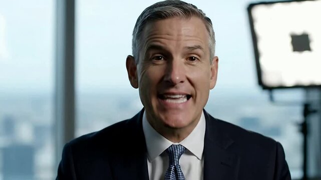Confident professional man speaks directly to camera in office setting or executive gives presentation in highrise office space