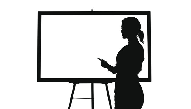 Businesswoman stands beside a large white board on an easel while gesturing towards the empty surface to explain a new corporate strategy during a professional meeting in a bright office environment.