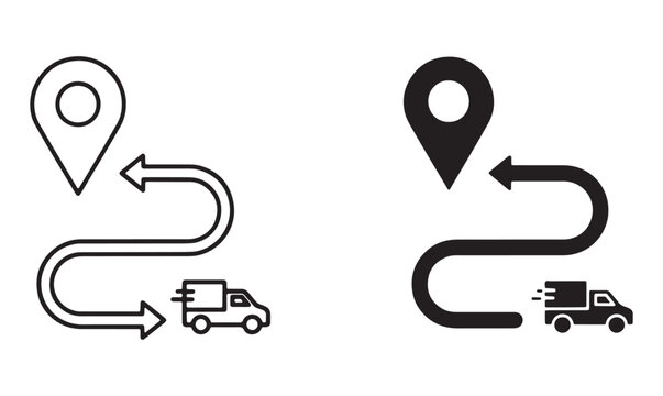 Delivery truck icon with a map location pin and a winding path route line for logistics services