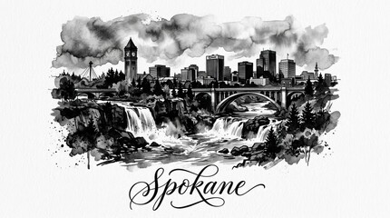 Fototapeta premium Spokane skyline silhouette featuring riverfront landmarks, waterfalls, and downtown buildings, black and white ink illustration, stylish lettering below reading 